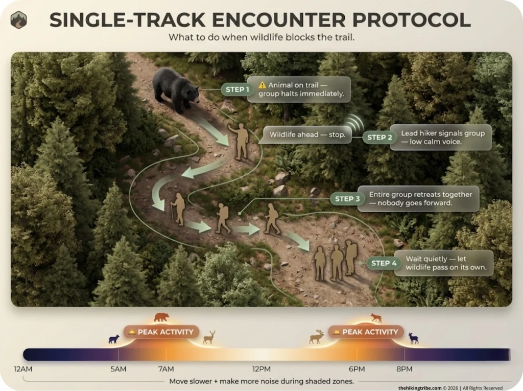 Overhead trail diagram showing single-track wildlife encounter protocol with four group steps and a dawn-to-dusk gradient bar indicating peak wildlife activity windows.
