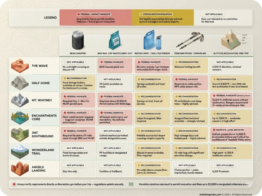 Per-trail gear requirements checklist grid showing bear canister, WAG bag, water carry, trekking poles, and altitude training requirements for The Wave, Half Dome, Mt. Whitney, Enchantments Core, JMT, Wonderland Trail, and Angels Landing — color-coded by federal mandate versus strong recommendation.