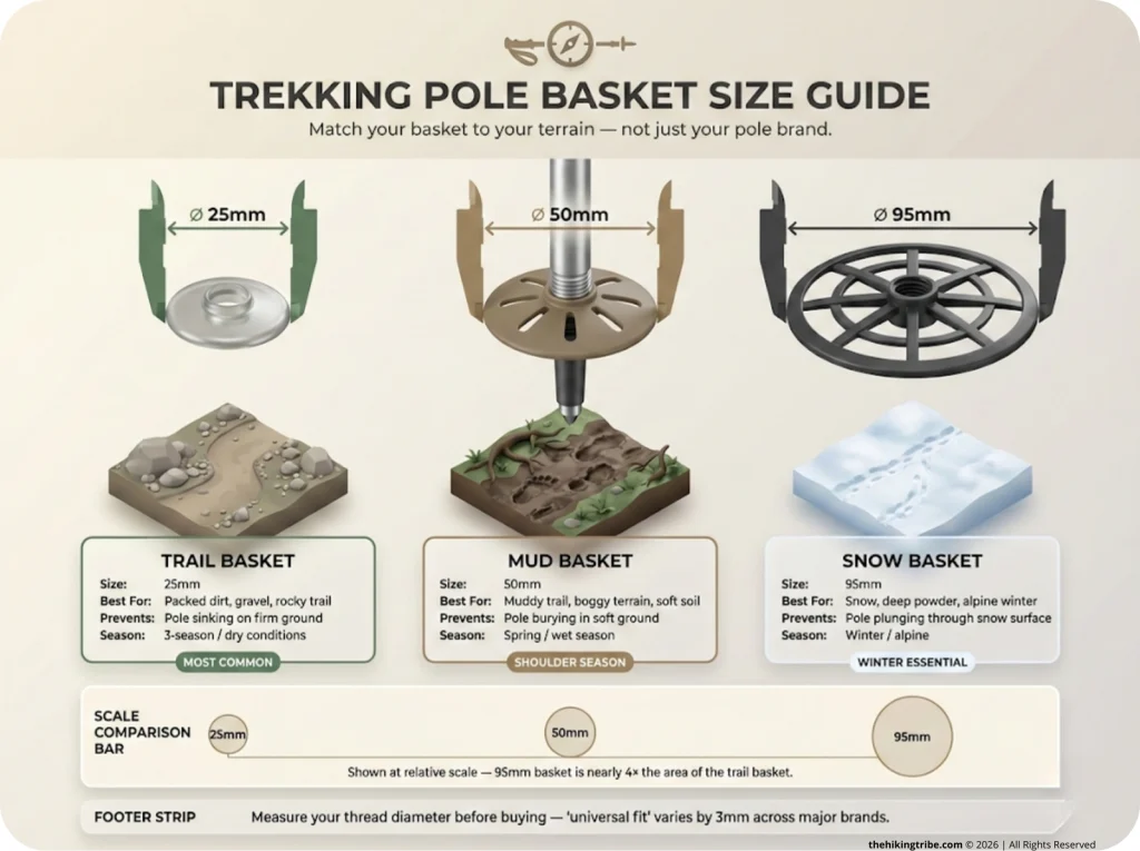 Trekking pole basket size comparison infographic showing trail basket at 25mm, mud basket at 50mm, and snow basket at 95mm overlaid on a pole tip with diameter measurements and terrain recommendations for each size.