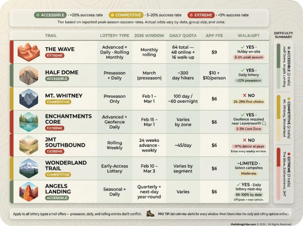 Side-by-side comparison infographic of 7 trail permit lotteries — The Wave, Half Dome, Mt. Whitney, Enchantments, JMT, Wonderland Trail, and Angels Landing — with color-coded difficulty tiers by success rate, lottery type, quota, fee, and walk-up availability.
