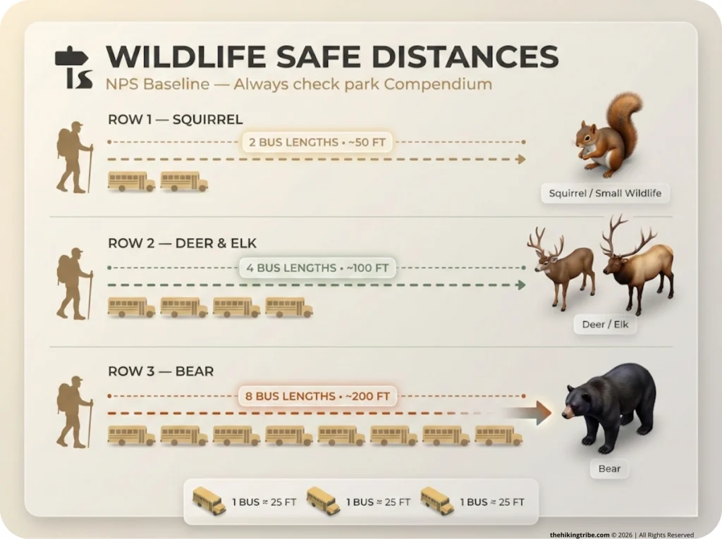 Wildlife safe distance field card infographic comparing squirrel at 2 bus lengths, deer and elk at 4 bus lengths, and bear at 8 bus lengths with hiker silhouettes for scale.