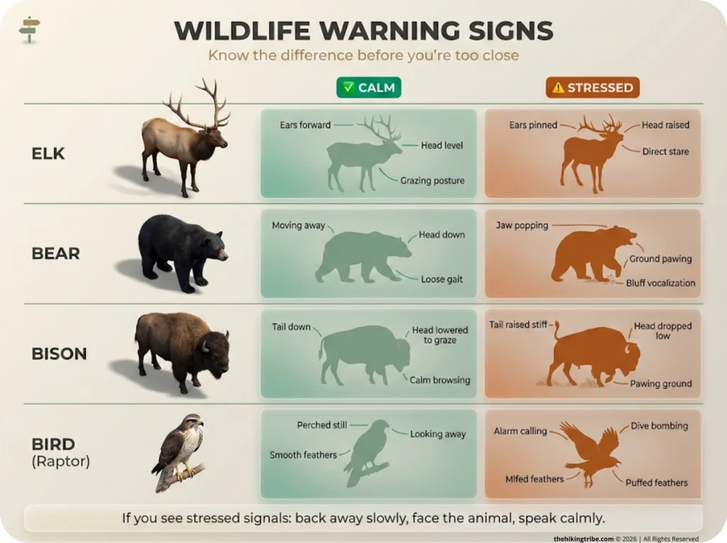 Wildlife behavioral warning signs grid showing calm versus stressed postures for elk, bear, bison, and bird, with green and red silhouette indicators for trail safety awareness.