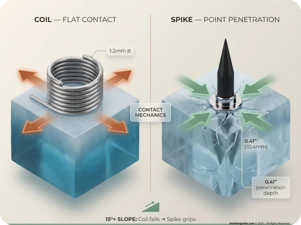 Cross-section infographic comparing Yaktrax coil lying flat on ice vs MICROspike penetrating ice, with 1.2mm coil diameter and 0.41-inch spike protrusion depth measurements labeled.