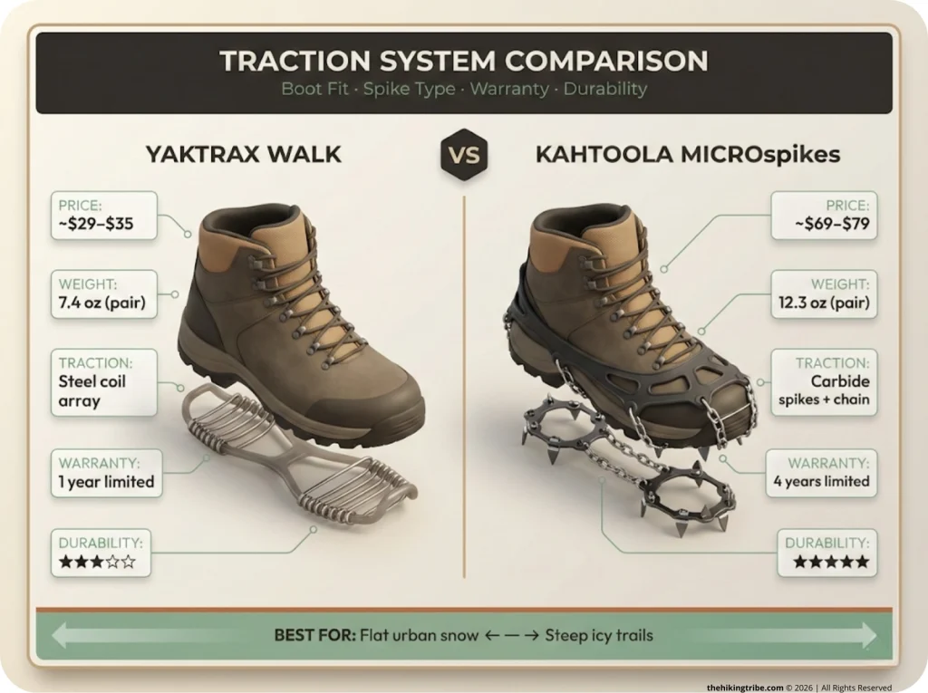 Side-by-side comparison card of Yaktrax vs Kahtoola MICROspikes on boot silhouettes, with annotated callouts for price, weight, traction type, warranty, and durability rating.