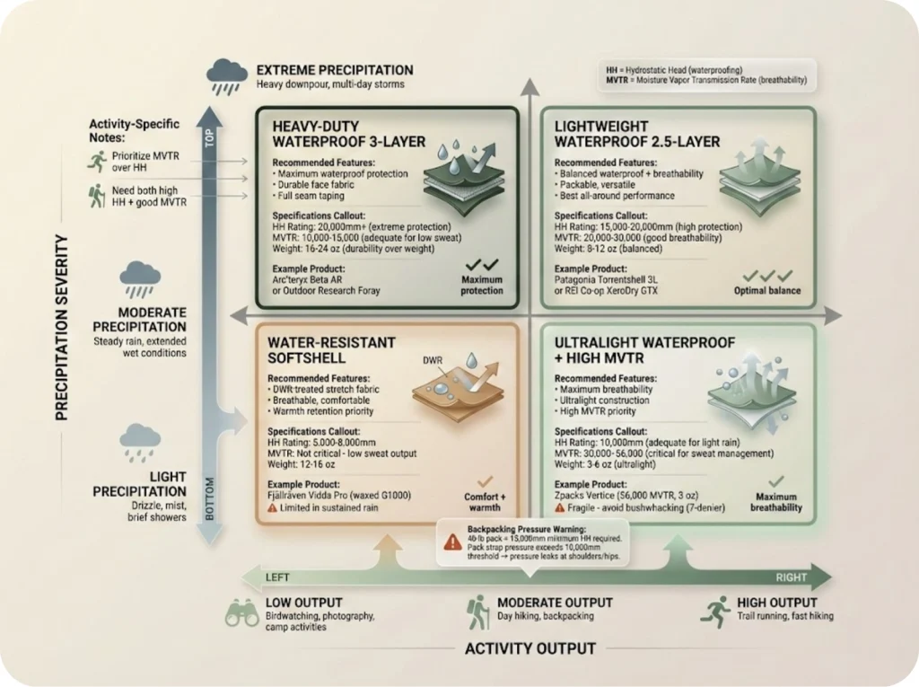 Decision matrix showing optimal hiking pant recommendations based on activity output level and precipitation severity with four distinct quadrants.