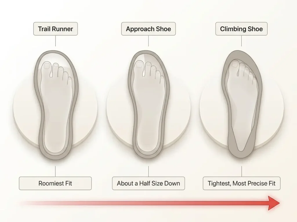Infographic showing three-column sizing scale comparing toe room in trail runners, approach shoes, and climbing shoes