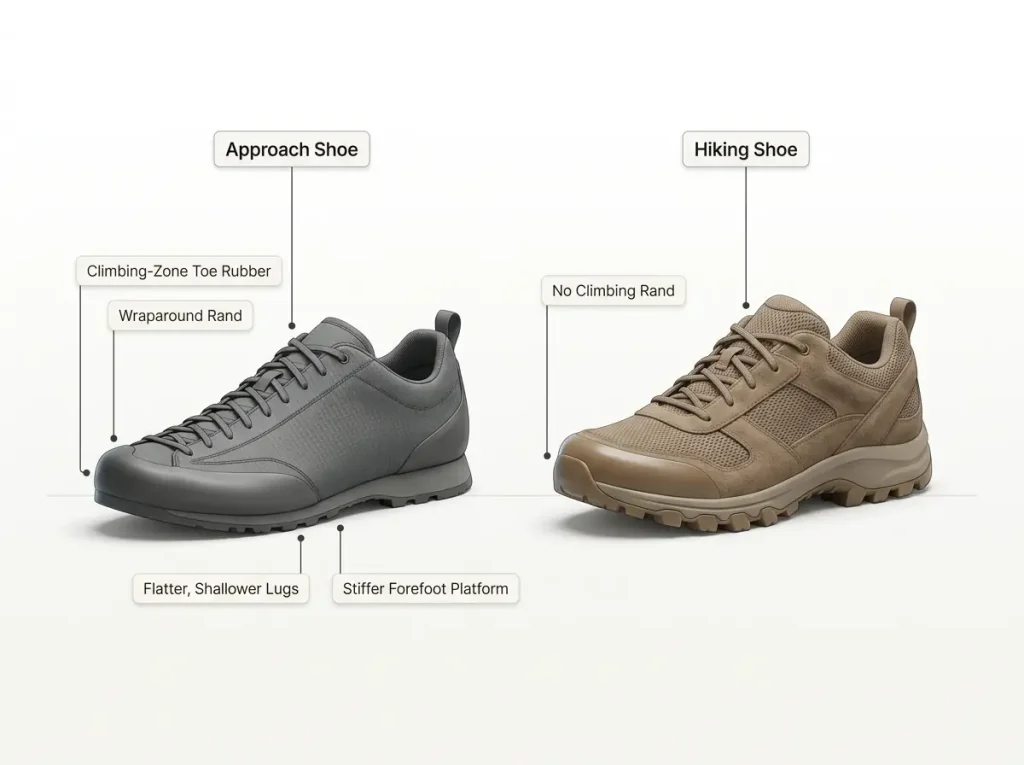 Diagram comparing approach shoe and hiking shoe with labeled climbing rand, rubber, lug pattern, and forefoot stiffness differences