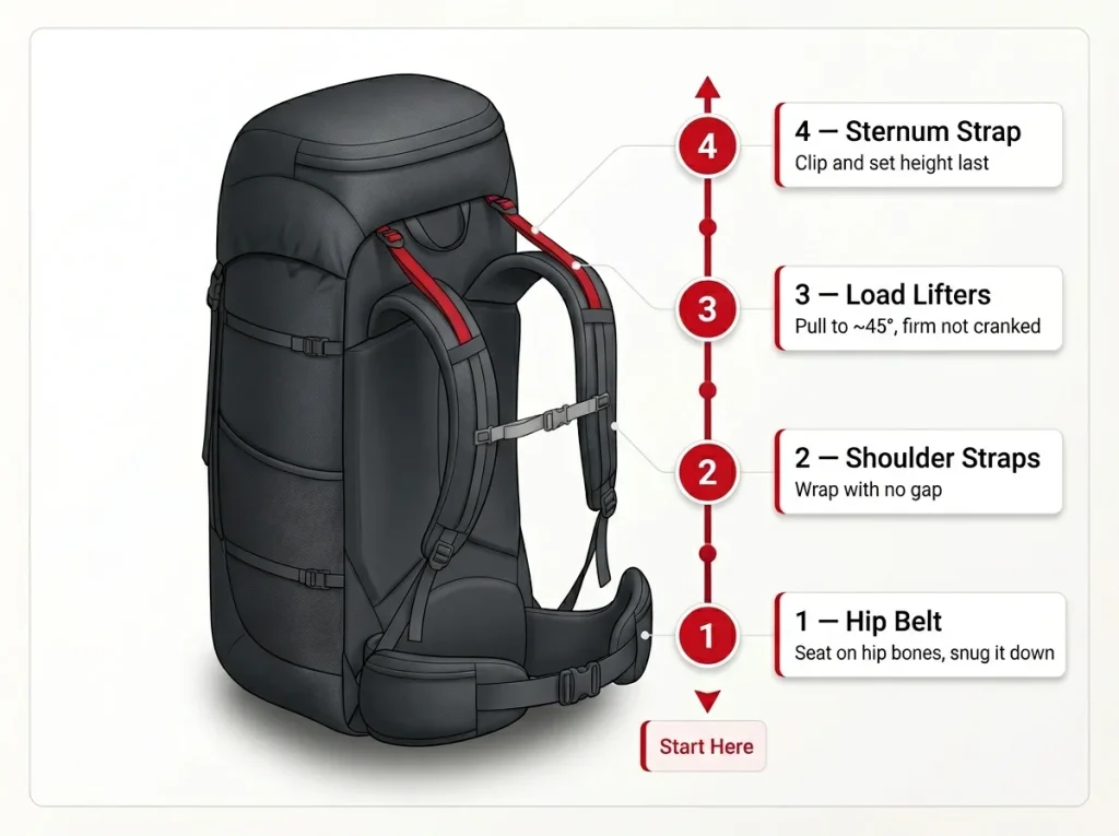 Numbered step diagram showing backpack strap adjustment order: hip belt first, shoulder straps, load lifters, sternum strap last