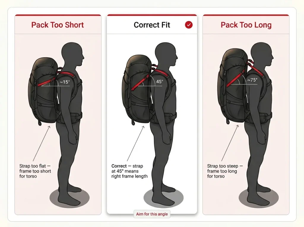 Three-silhouette comparison showing load lifter angle diagnosing pack fit: too flat means pack too short, 45 degrees correct, too steep means pack too long