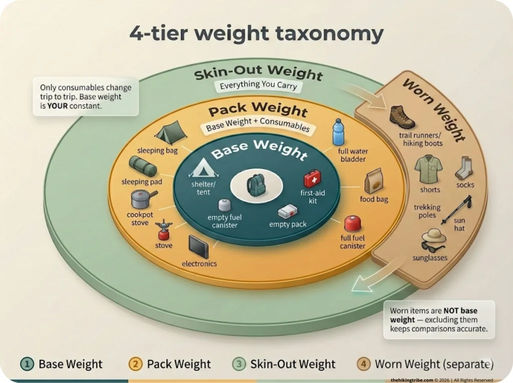 Infographic showing 4-tier hiking weight taxonomy with concentric rings, labeled example items per category, and worn weight overlay
