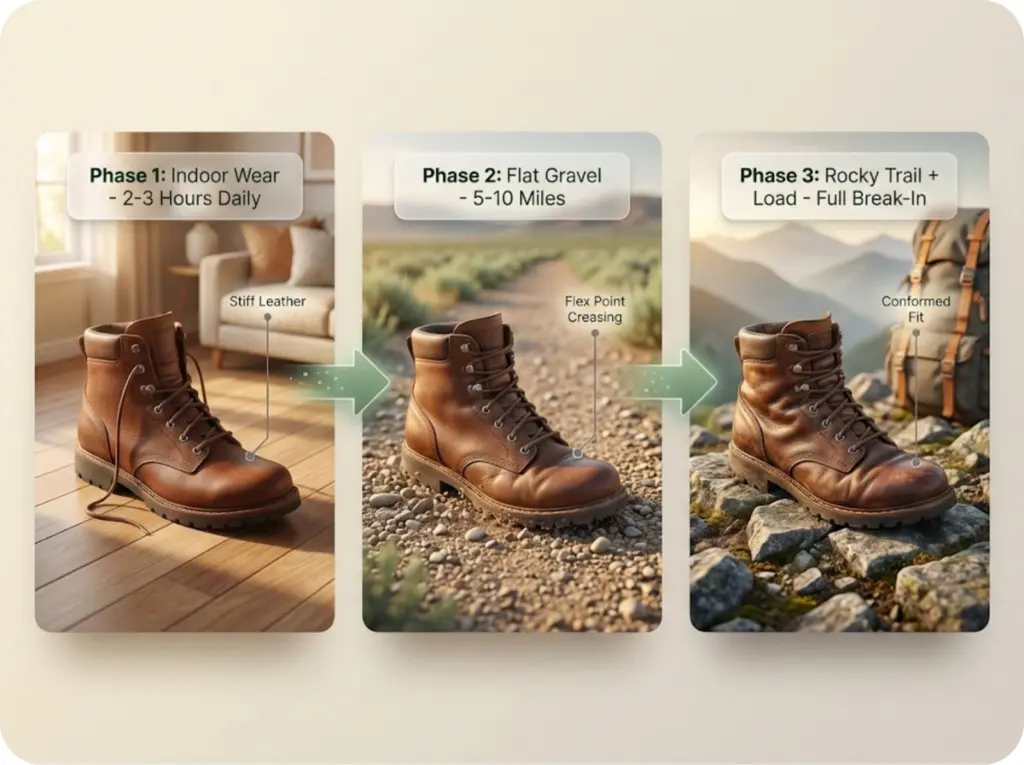 Three-panel progression showing hiking boot conditioning phases from indoor wear to flat terrain to loaded backpacking on rocky trails.