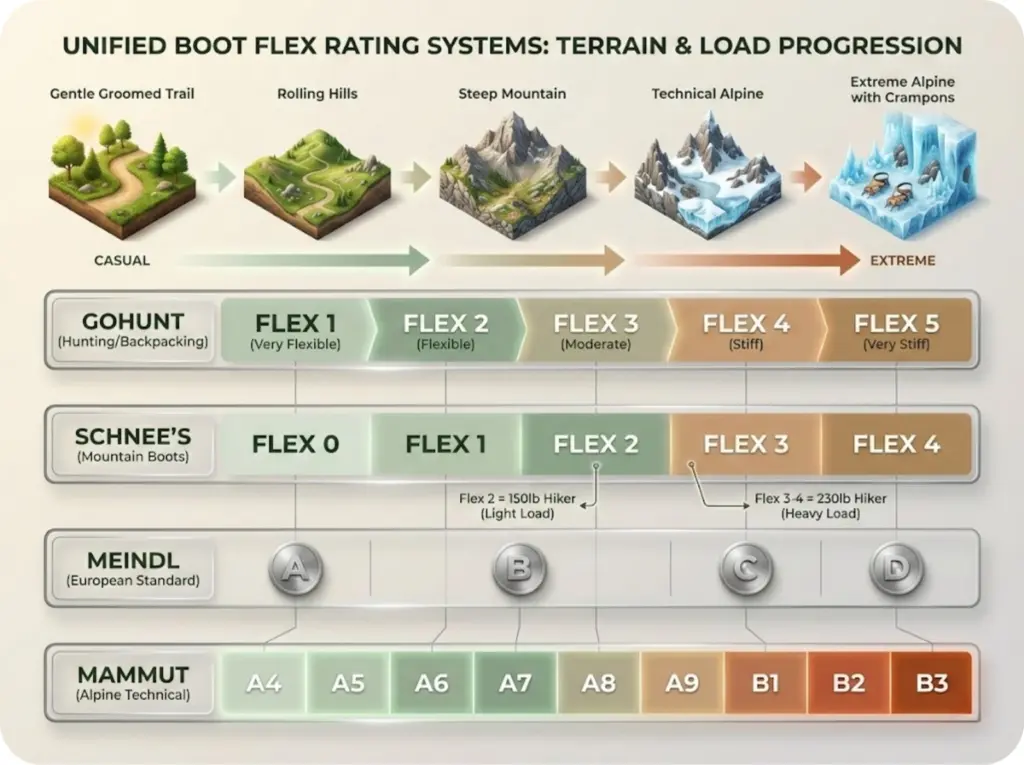 Comprehensive comparison chart aligning four major hiking boot flex rating systems: GOHUNT, Schnee's, Meindl, and Mammut with corresponding terrain types.