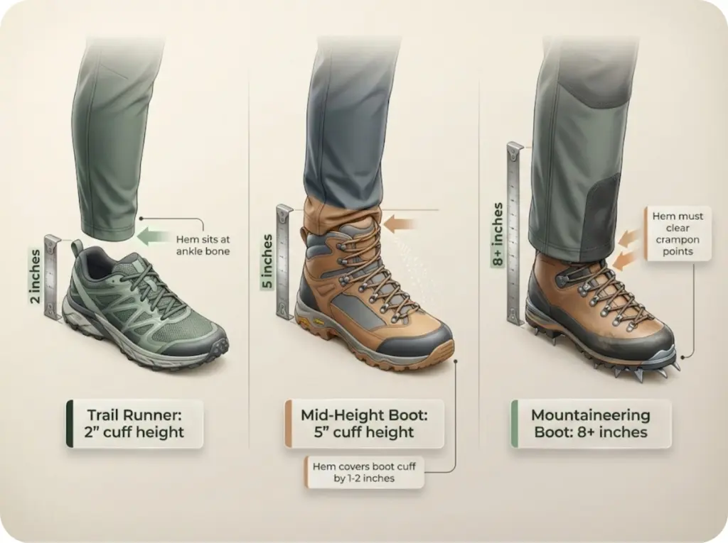 Side-by-side comparison showing proper hiking pant hem positions for three boot heights: trail runner, mid-height hiking boot, and mountaineering boot with measurements.