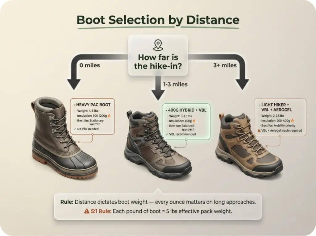 Decision tree flowchart for selecting winter boots based on hike-in distance with boot silhouettes, weight, and insulation specifications.