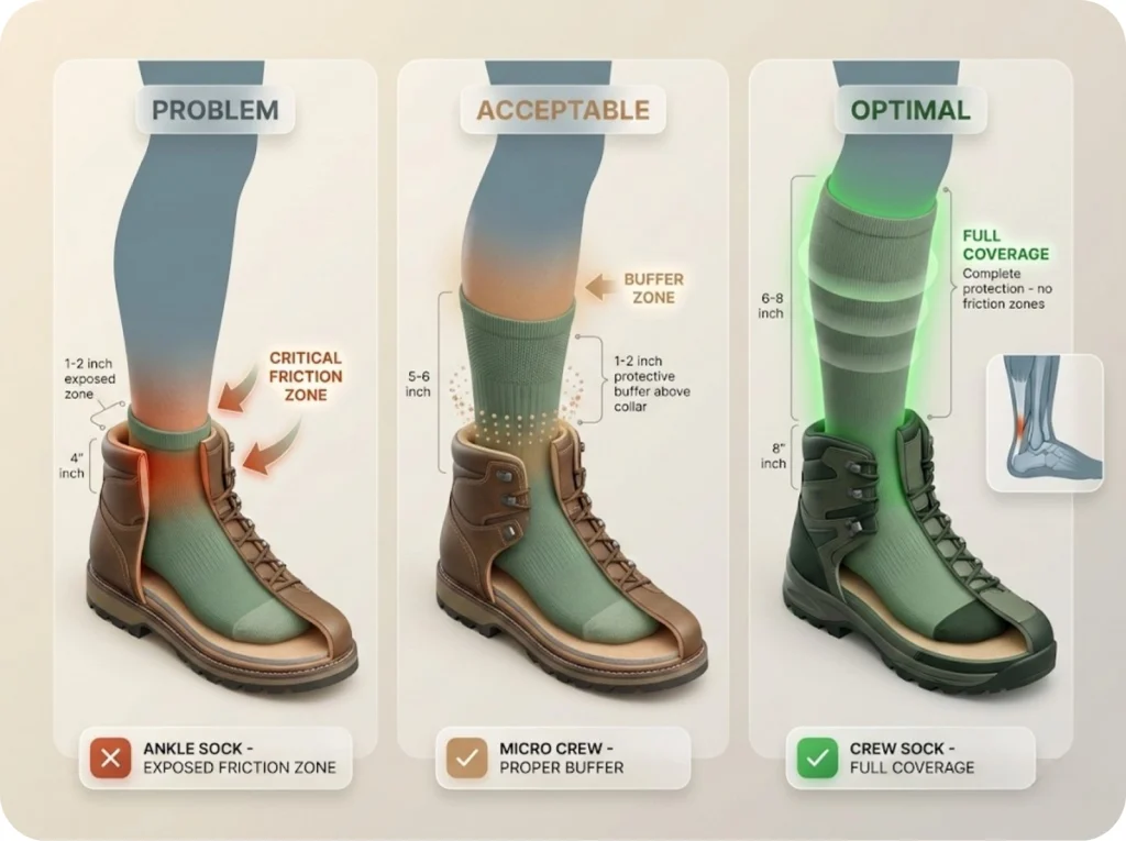 Three-panel comparison showing proper sock height coverage for different boot types highlighting friction zones and protective buffers.