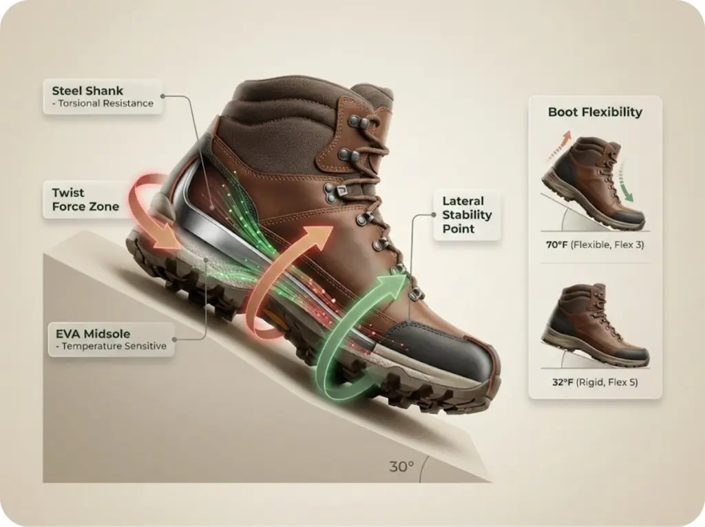 Technical cross-section diagram showing hiking boot torsional stress during sidehill traverse with shank reinforcement resisting twist forces.