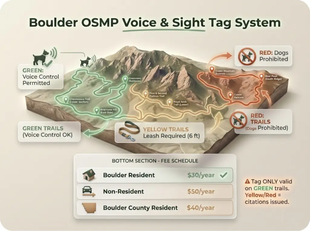 Boulder OSMP color-coded trail system showing green, yellow, and red zones with voice control tag fee schedule for residents and non-residents.