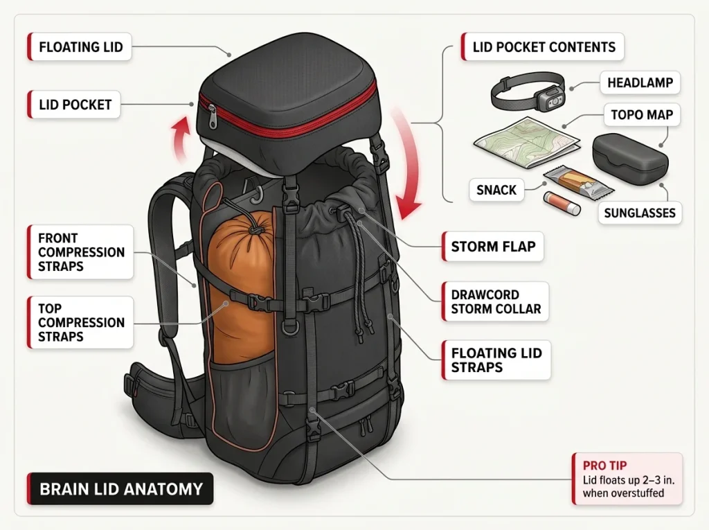 Anatomy diagram of a hiking pack brain lid showing floating lid, compression straps, drawcord storm collar, and lid pocket contents with labels