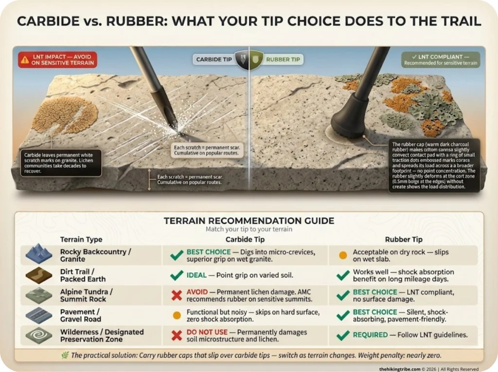 Infographic comparing carbide vs rubber tip trail impact on granite with terrain recommendation matrix and LNT guidance