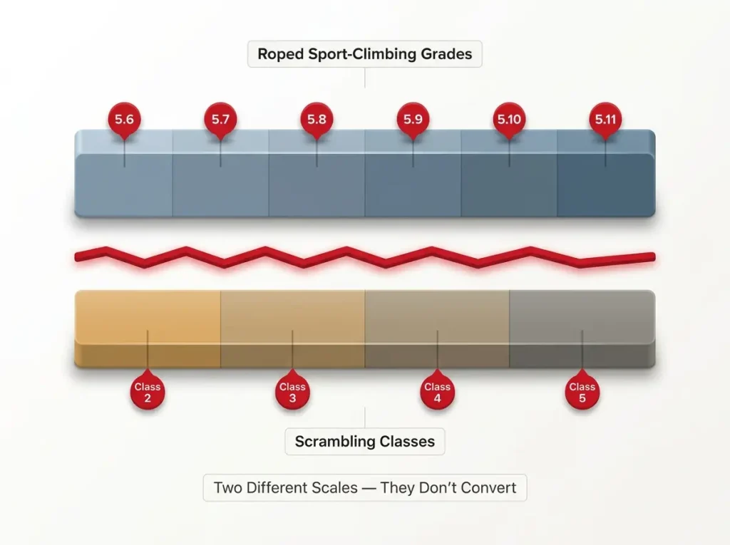 Diagram comparing roped climbing grades and scrambling classes as separate scales that do not convert to each other