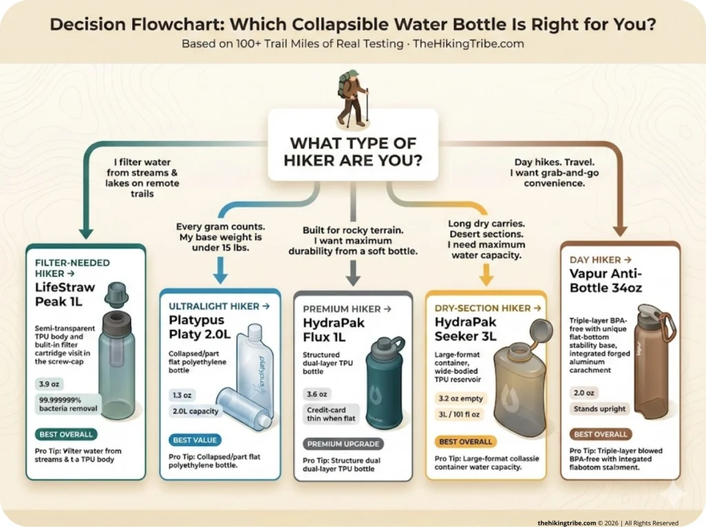 Decision flowchart infographic showing which collapsible water bottle matches hiker type with labeled paths and bottle icons