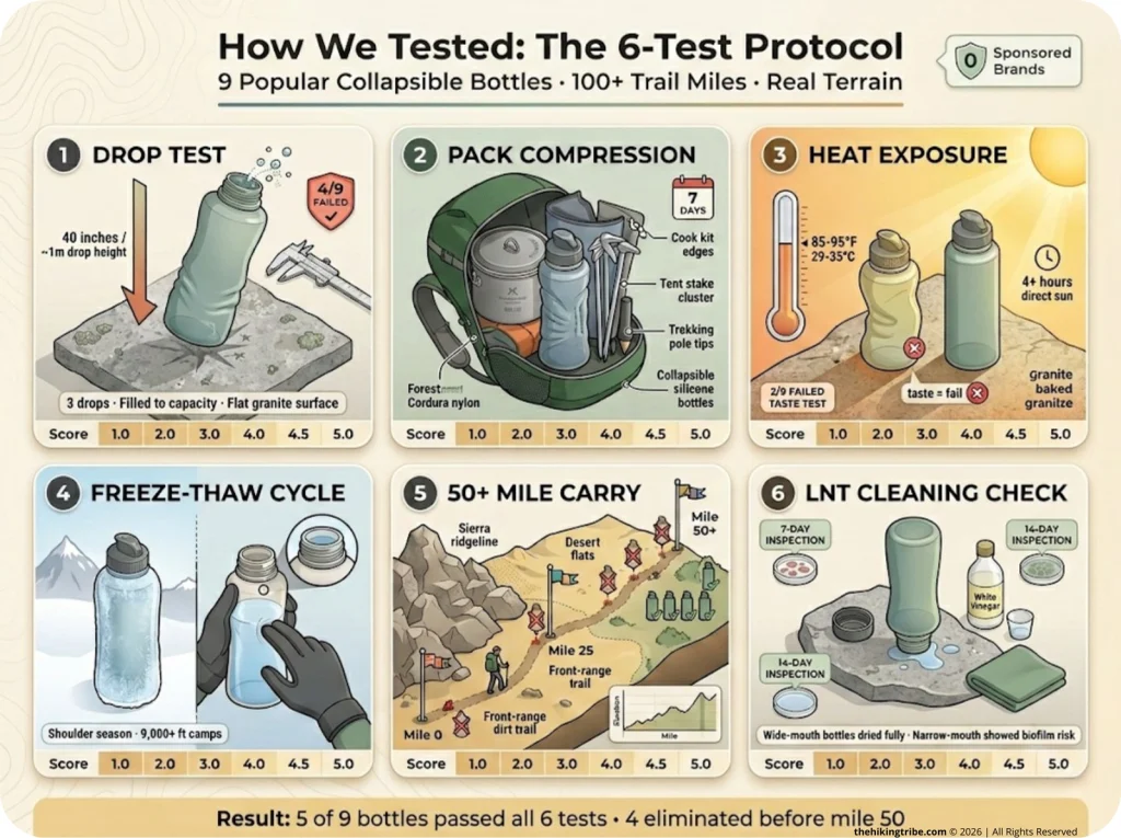 Infographic showing 6-test protocol for collapsible water bottles with icons for drop test, compression, heat, freeze-thaw, mileage, and cleaning