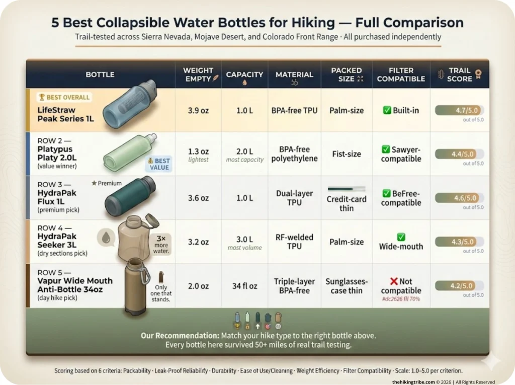 Comparison table infographic showing 5 tested collapsible hiking bottles with weight, capacity, material, size, filter compatibility, and score