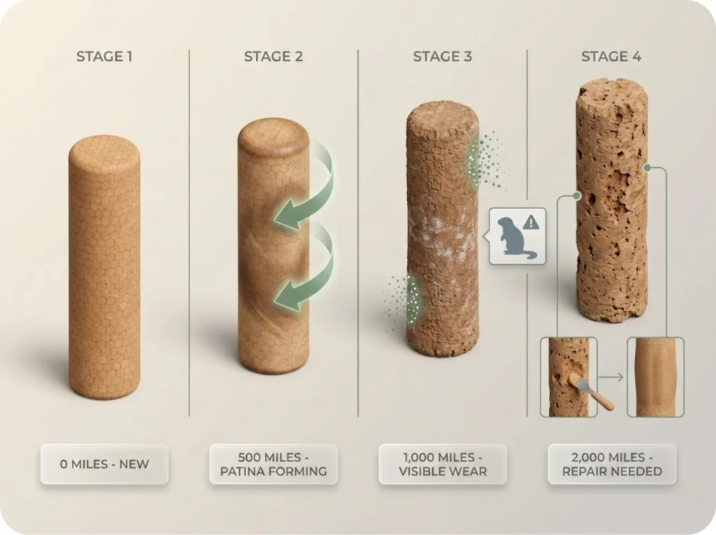 Timeline infographic showing trekking pole cork grip degradation from 0 to 2,000 miles with repair technique demonstration.