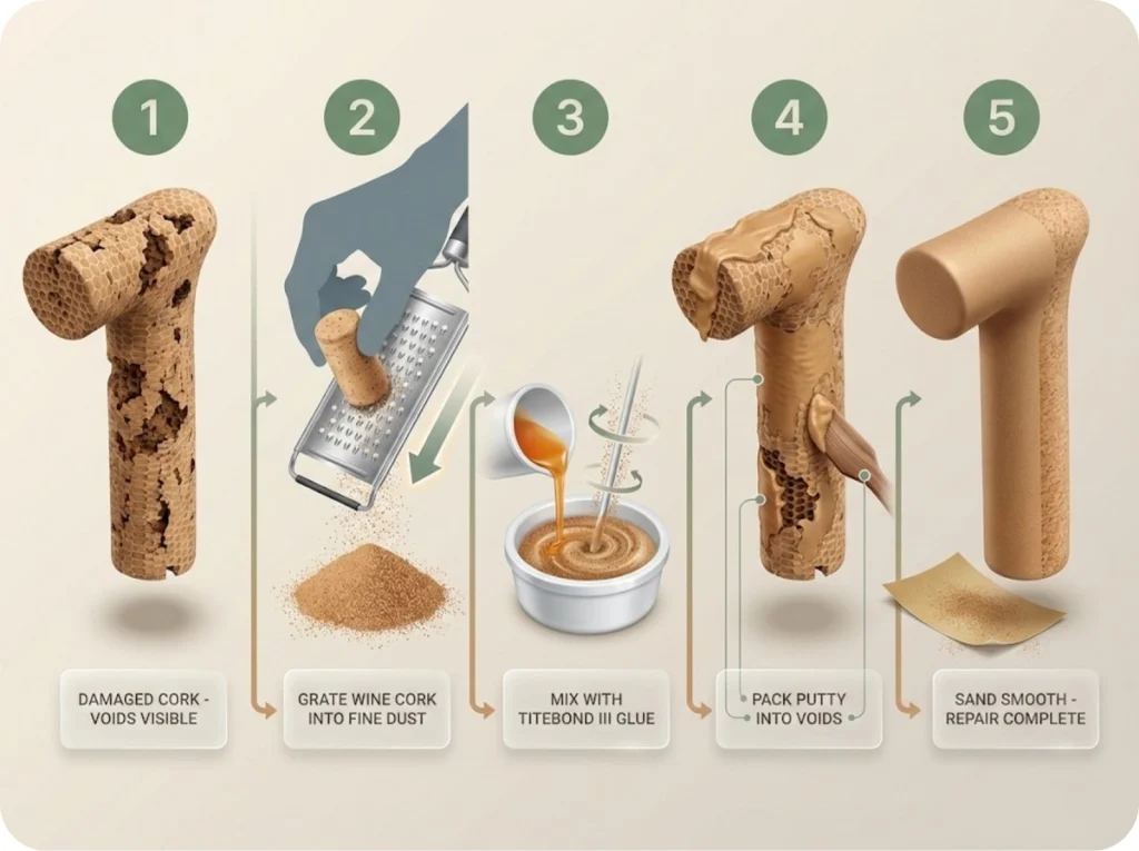 Five-step visual guide showing DIY trekking pole cork grip repair process from damaged cork to finished restoration.
