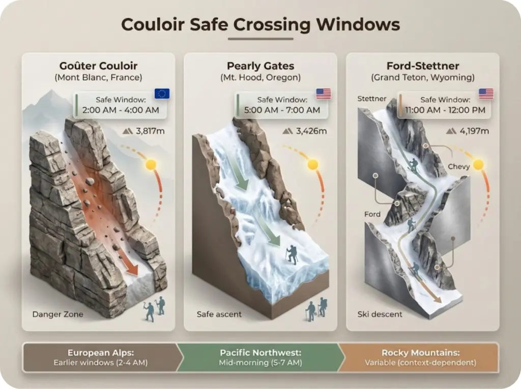 Side-by-side comparison of three famous couloirs showing safe crossing time windows adjusted for European and North American conditions.