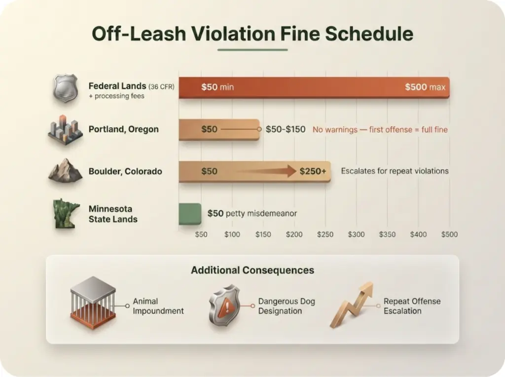 Horizontal bar chart comparing dog leash violation fine ranges by jurisdiction with additional consequences like impoundment and dangerous dog designation.