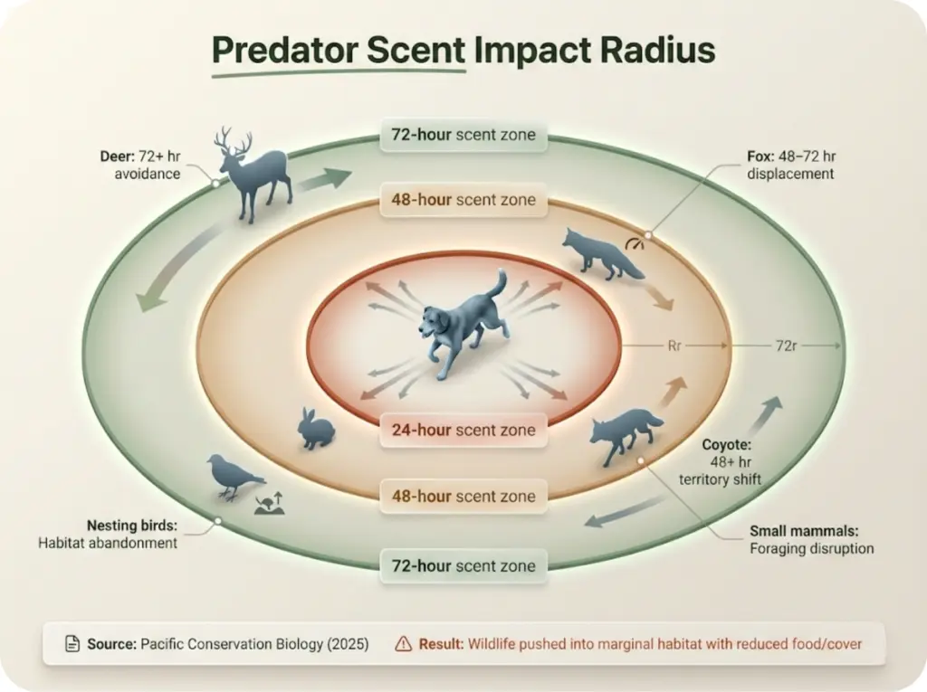 Impact radius diagram showing predator scent persistence zones at 24, 48, and 72 hours with displaced wildlife species at observed avoidance distances.