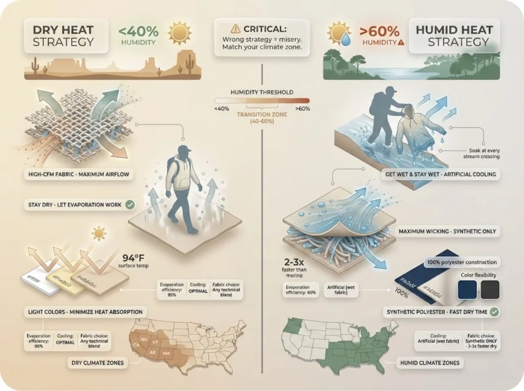 Split-panel comparison showing optimal sun hoodie strategies for dry heat versus humid heat conditions with humidity thresholds and US regional map.