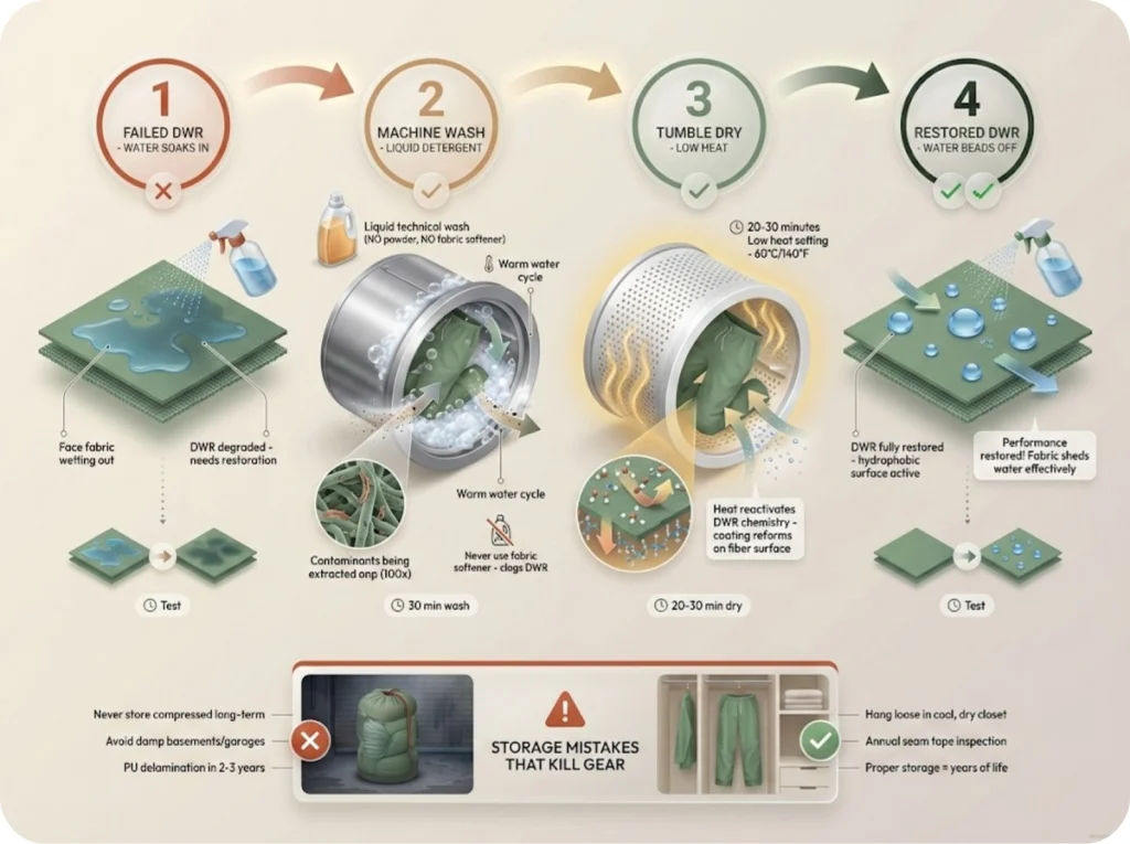 Four-step visual sequence showing DWR restoration process from failed water repellency through washing and drying to restored beading performance.