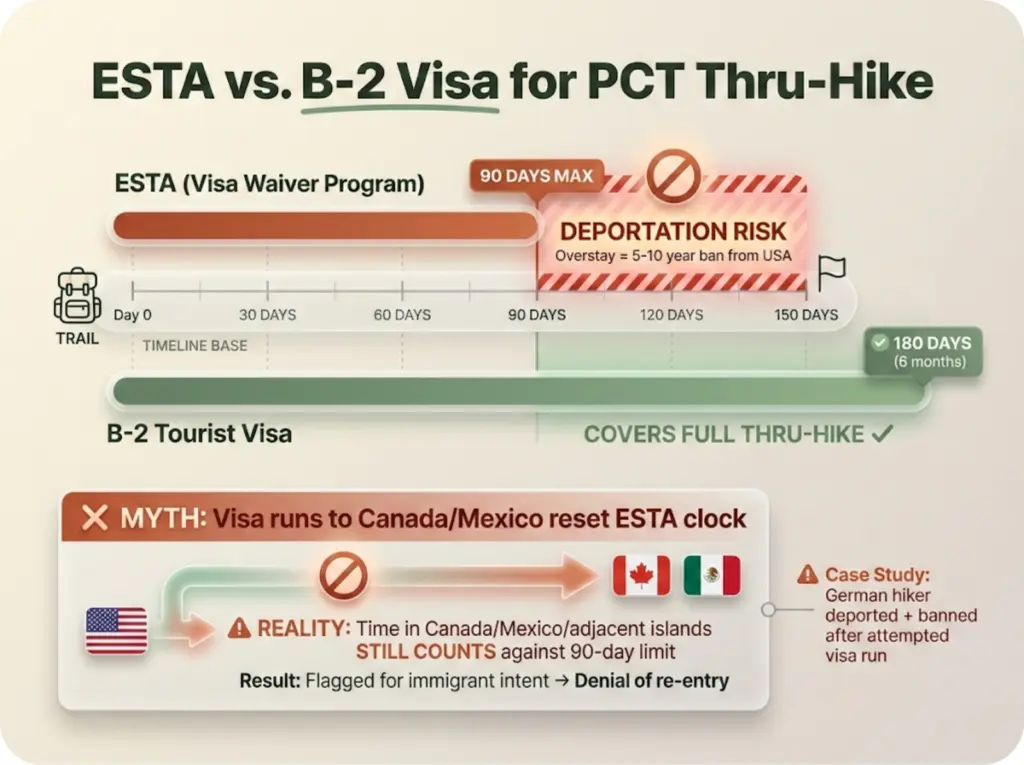 Timeline comparison showing ESTA versus B-2 visa coverage for a 150-day PCT thru-hike with deportation risk zone and visa-run myth debunked.