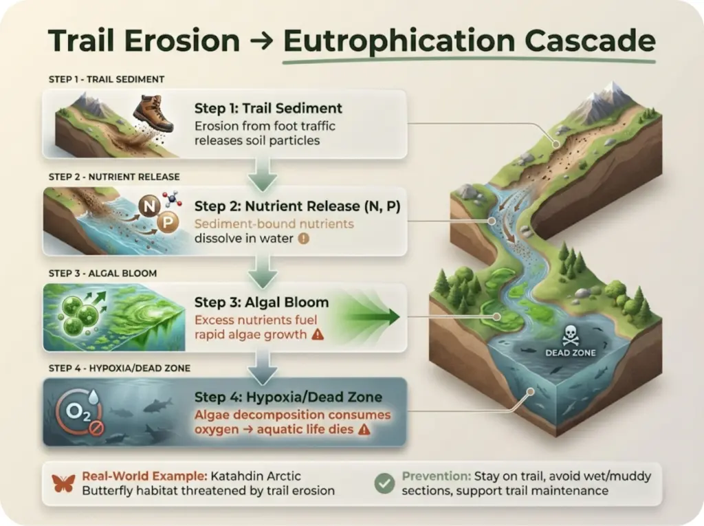Vertical flow diagram showing four-step eutrophication cascade from trail sediment to nutrient release to algal bloom to hypoxia with visual pathway from trail to watershed.