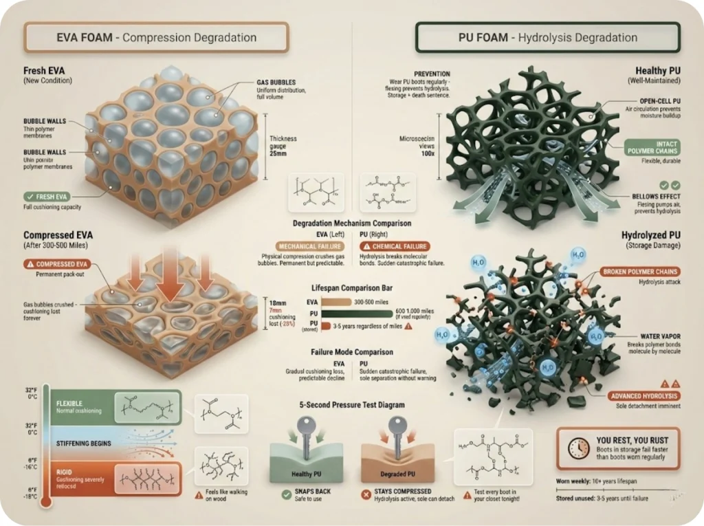 Cross-section comparison of EVA and PU midsole foam showing compression states, hydrolysis damage, and temperature effects on performance.