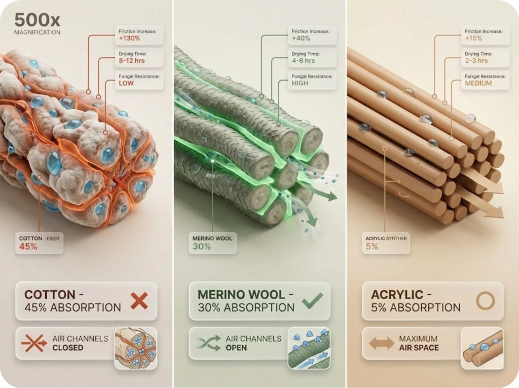 Microscopic comparison of cotton, merino wool, and acrylic fiber moisture absorption showing air channel closure and airflow paths.