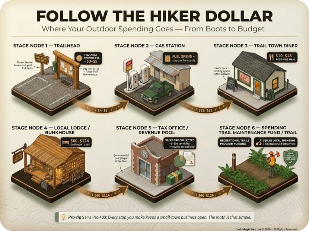 Infographic showing hiker dollar flow from trailhead to trail fund with labeled spending amounts at each stop