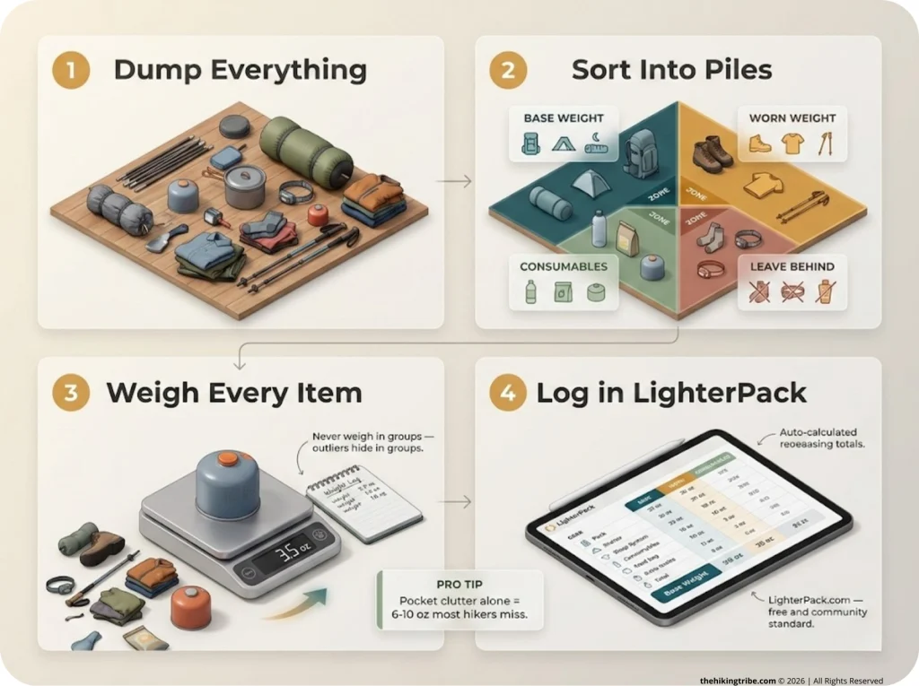 Infographic showing 4-step gear audit process: full dump, sorted piles, weighing items on scale, and digital gear log entry