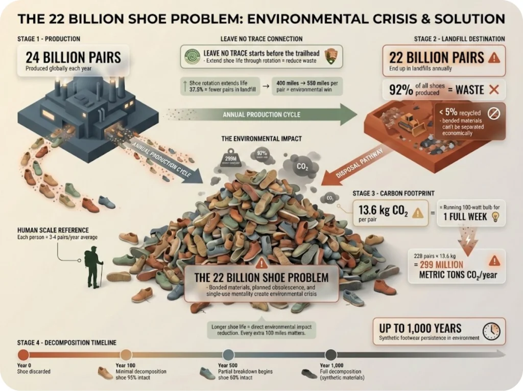 Environmental impact visualization showing 24 billion shoes produced annually with 22 billion in landfills, CO2 emissions, and decomposition timeline with scale comparison.