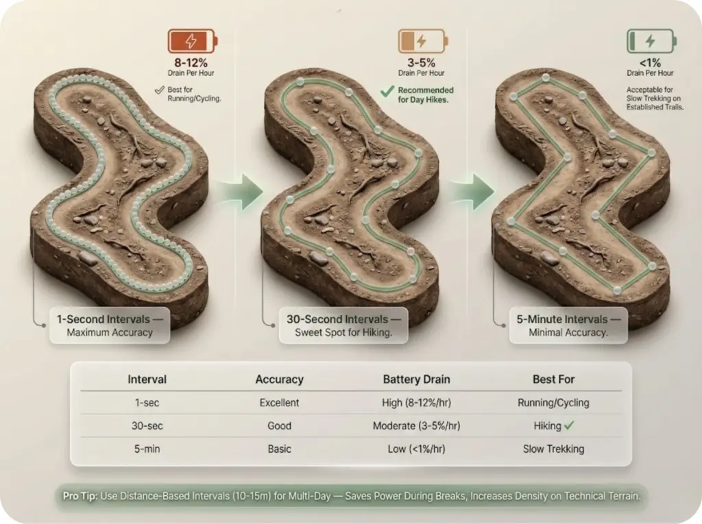 Side-by-side comparison of three GPS track recordings at different intervals showing accuracy versus battery drain tradeoffs for hiking navigation.