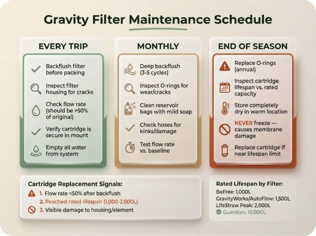 Three-column maintenance schedule showing every trip, monthly, and end of season tasks for gravity water filters with inspection checkpoints and replacement intervals.