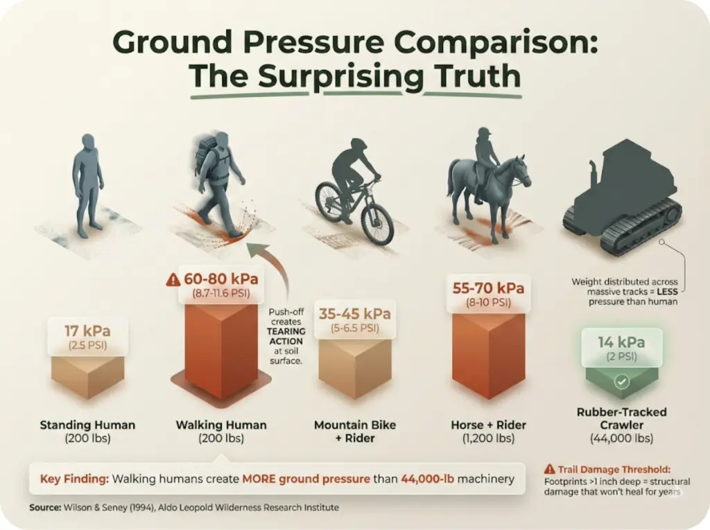 Comparative ground pressure visualization showing PSI values for standing human, walking human, mountain bike, horse, and rubber-tracked crawler with scaled proportional representation.