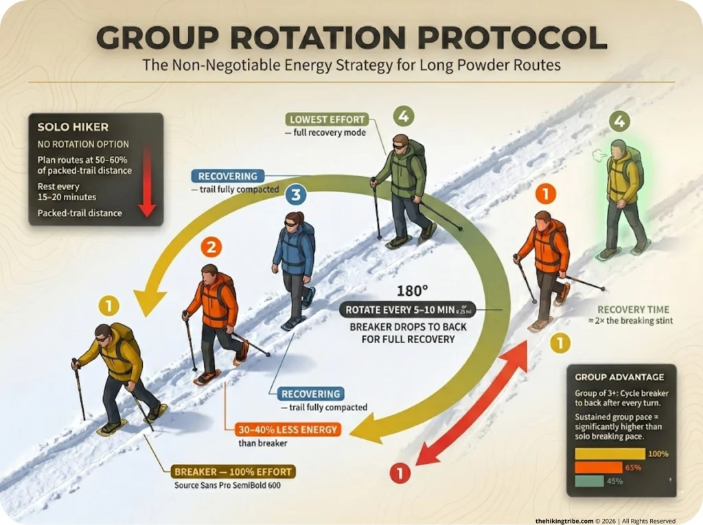Infographic showing 4-person snowshoe group rotation protocol with overhead diagram, numbered positions, and energy savings labels