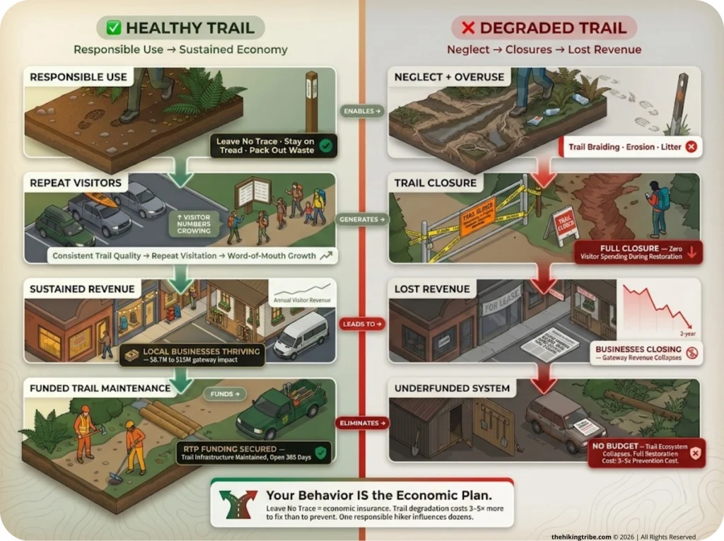 Infographic comparing healthy vs degraded trail economic chain showing responsible use leads to sustained revenue and degradation causes job loss