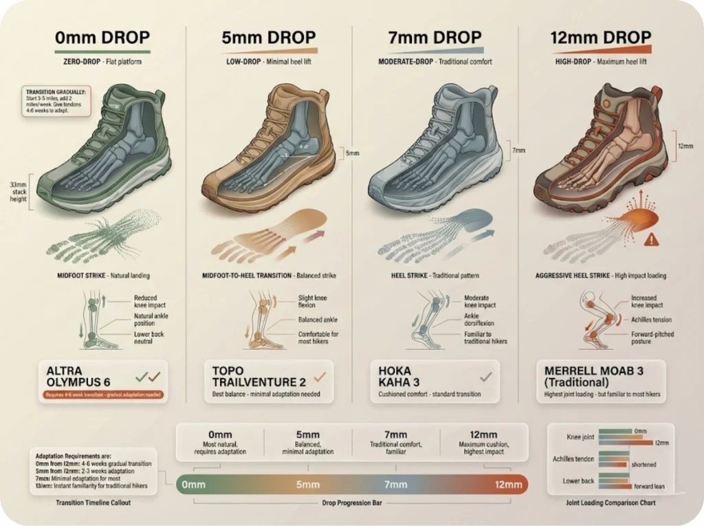 Comparison of four heel-to-toe drop profiles from 0mm to 12mm showing foot strike position and joint loading effects for hiking boots.