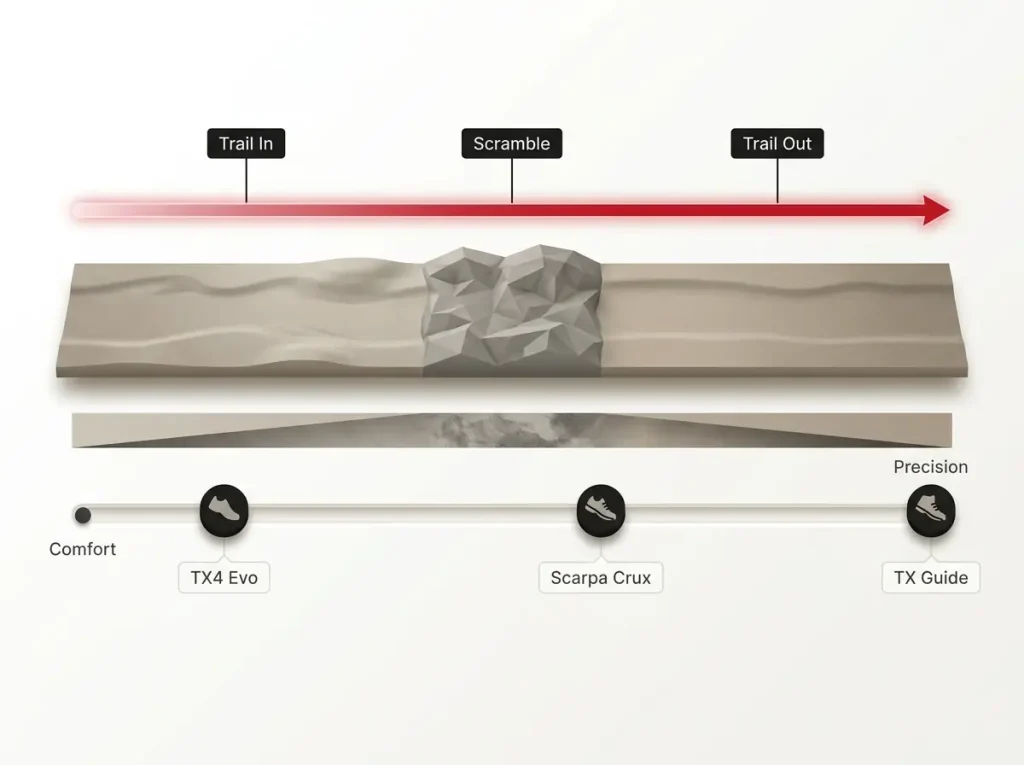 Infographic showing a hiking day profile from trail to scramble to trail with three approach shoes positioned on a comfort-precision slider