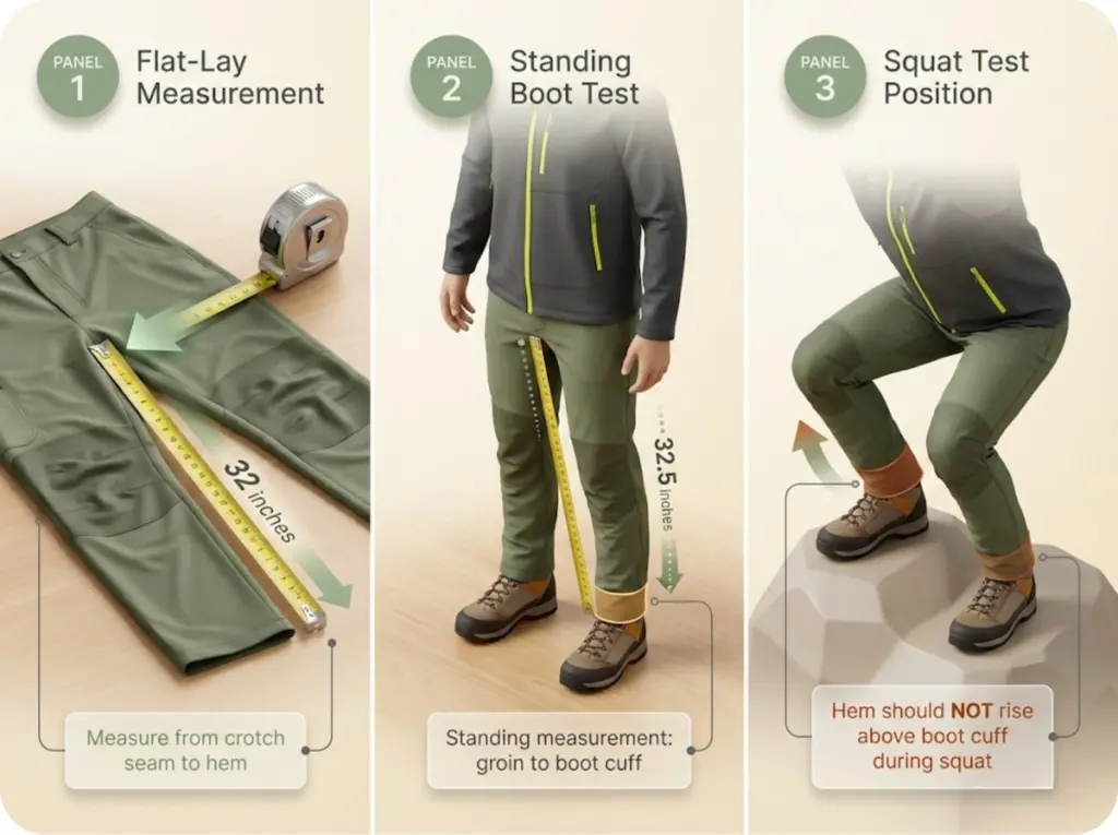 Three-step visual guide showing proper hiking pant inseam measurement: flat-lay measurement, standing fit check with boots, and squat test position.