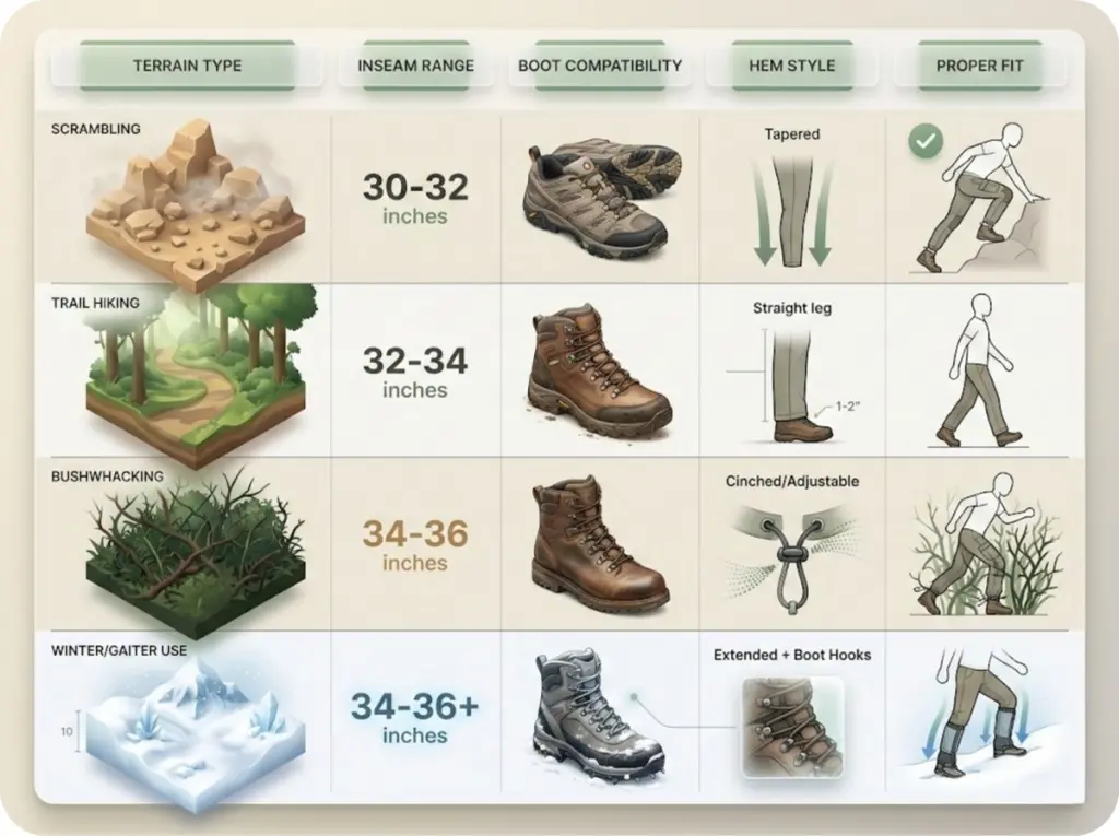 Comprehensive matrix showing recommended hiking pant inseam ranges, boot compatibility, and hem styles for four terrain types: scrambling, trail, bushwhacking, and winter conditions.